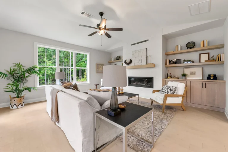 CAD Home Crafters & Designs - Builder for custom homes Craftsman style home in Rockingham County, NC, large living area with stucco fireplace and custom wooden mantel and built in shelving